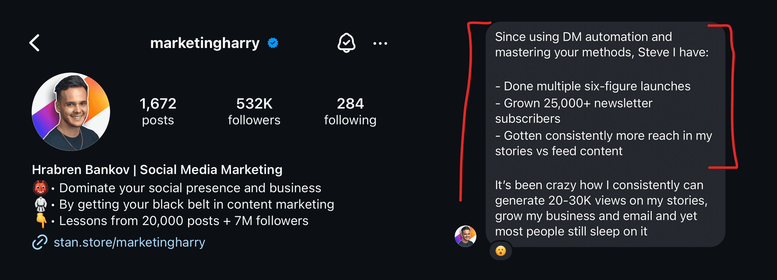 Instagram account and message from @marketingharry