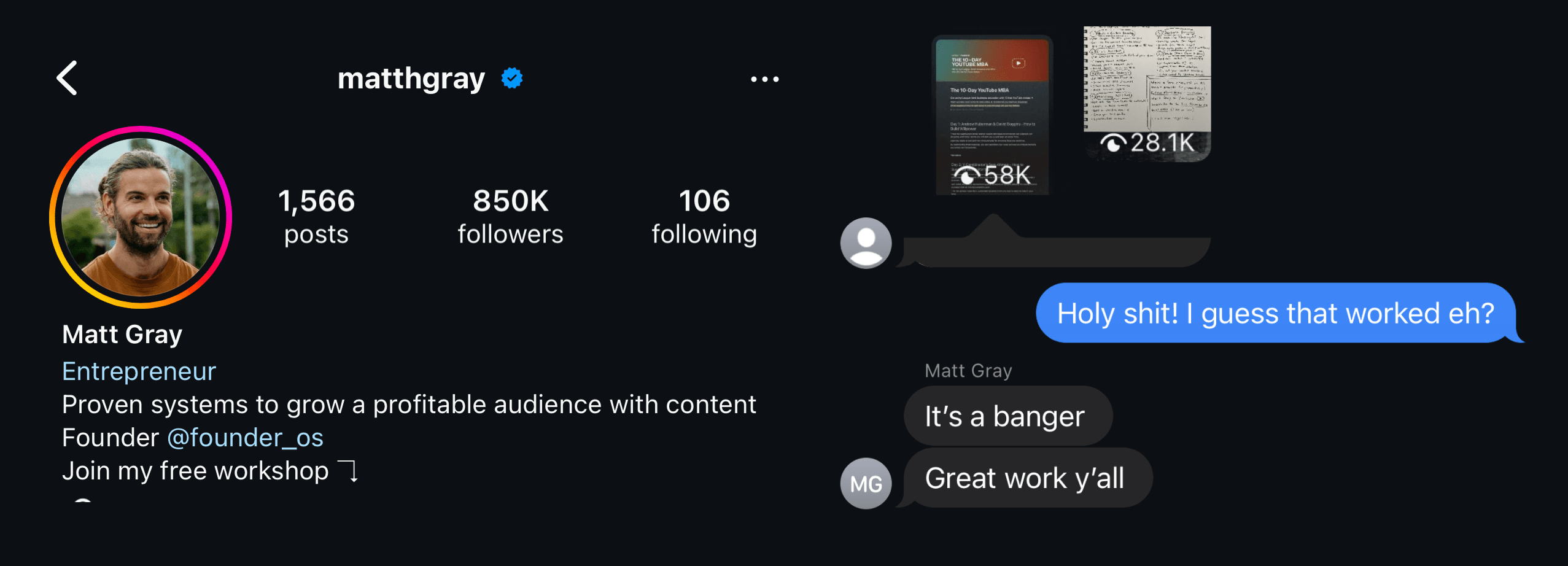 Instagram account and message from @matthgray