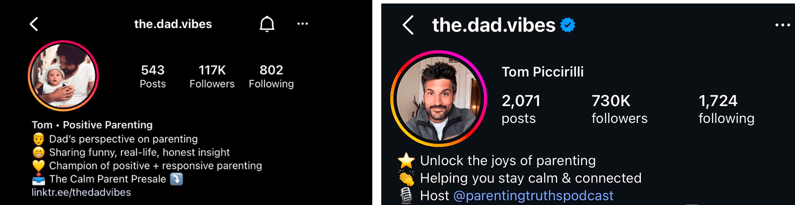 @the.dad.vibes Instagram profile before and after: 117K → 730K followers