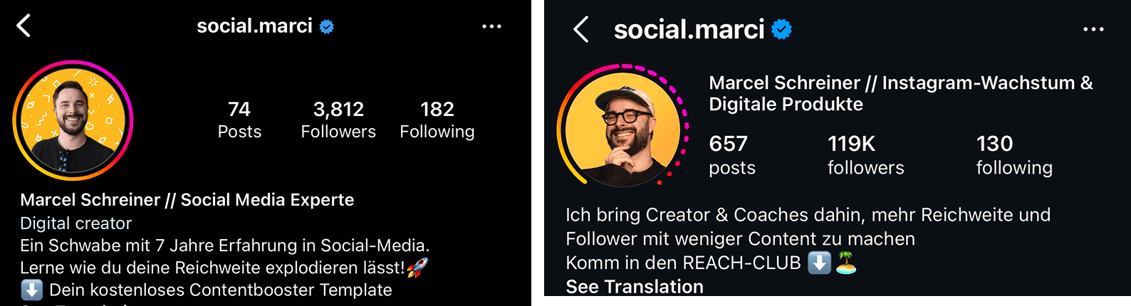 @social.marci Instagram profile before and after: 3,812 → 119K followers