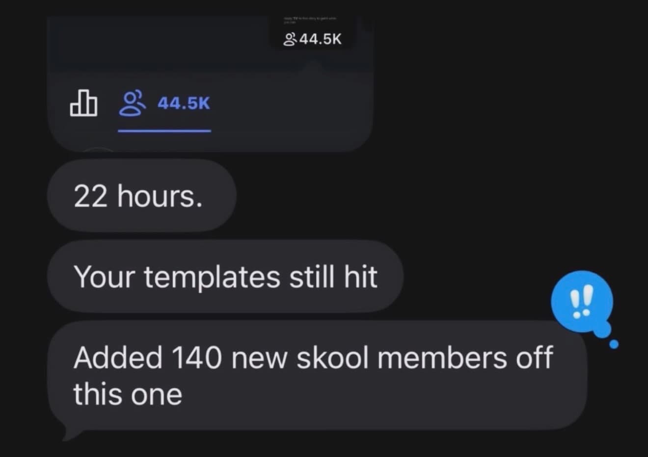 Message from a creator who added 140 new community members using Steven’s templates
